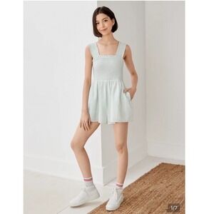American Eagle Smocked Seersucker Romper Green White Stripe Cotton Linen Small